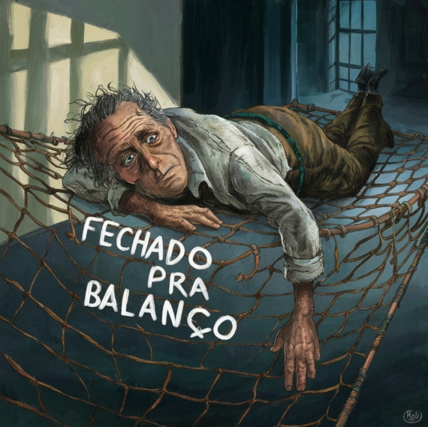 Um homem cansado deitado numa rede